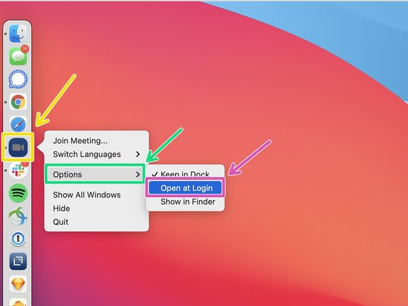 In your Mac's dock, right click on the Zoom icon.