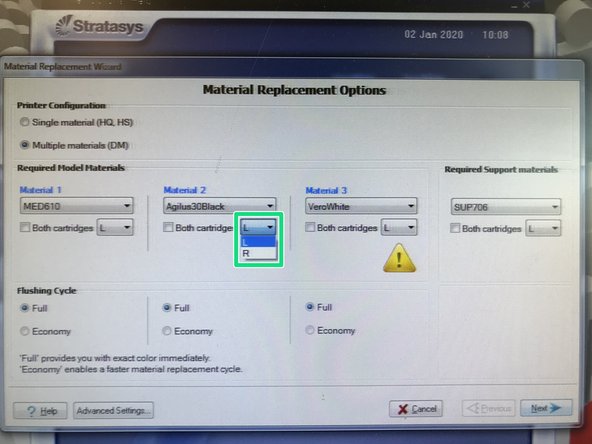 The Material Replacement screen now allows you to select which cartridge, left or right, to change