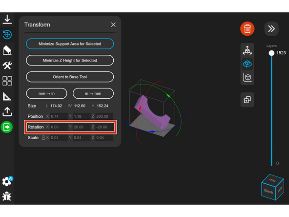 You can rotate the model an exact amount about the X, Y, and Z axes by typing a value where it says &quot;Rotation.&quot;