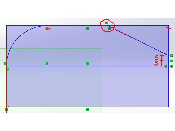 To use the rest of the space, we want to have an even length between the body and the taper. Draw a line from your arc to the end of the rectangle.