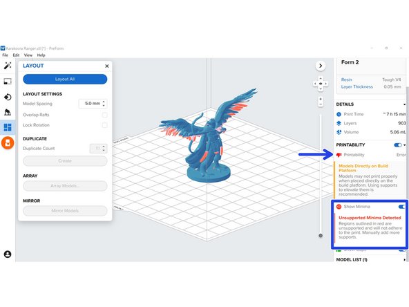 &quot;Printability&quot; detects and explains any problems with the print. Green means no problem, Orange is smaller problems, and Red is a serious issue that will result in print failure.