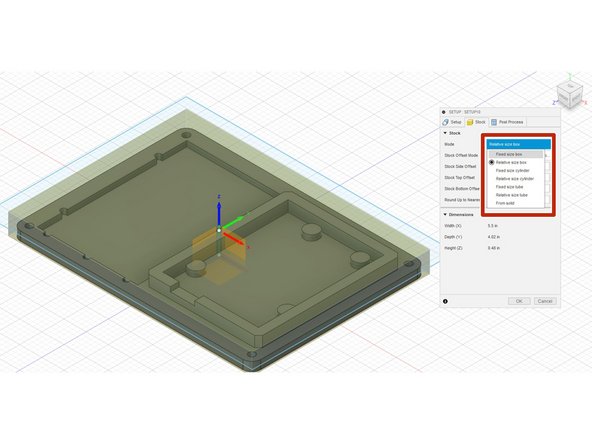 For setting the stock size, follow all the steps here. But the actual length, width, and thickness can be varied to particular needs and what is available.