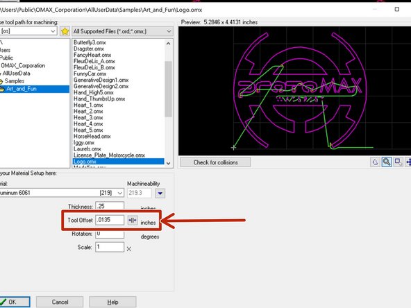 The offset (picture 3) is how precise the cut of the water jet will be. This will usually be left alone and should match the offset of the imported LAYOUT file