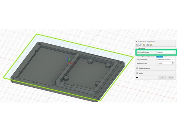For geometries, we will copy the same operation we completed for adaptive clearing. Change &quot;machining boundary&quot; to &quot;Selection&quot; and select the rectangle dawn in step one.