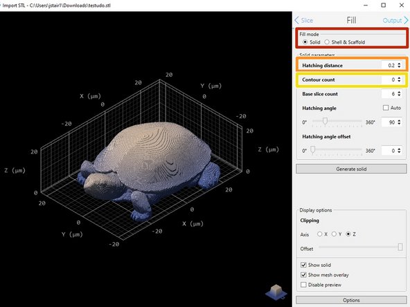 Select the desired fill mode. Solid is typical, but Shell &amp; Scaffold may be used for larger parts to decrease print time.