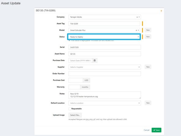 Edit the asset by selecting the yellow pencil button from the column view, or the Actions button from the asset details page. When an extruder is fixed change the following details.