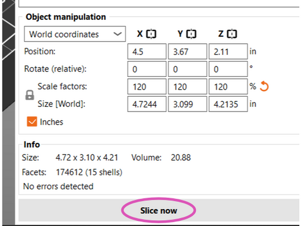Once the object(s) are prepared with proper settings, you can select Slice now. The software will take our inputs and generate instructions for the machine.