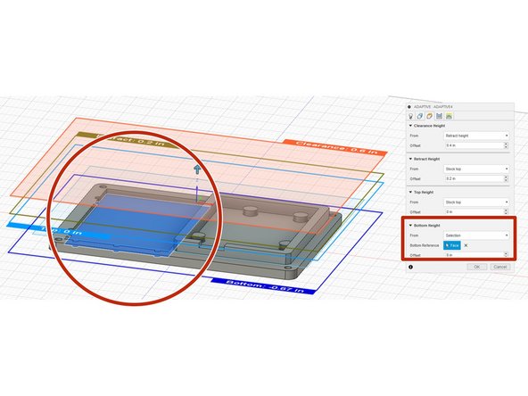 Next, go to the heights tab. Scroll down to the &quot;Bottom Height&quot; row and drop down the menu, selecting &quot;Selection.&quot; Now select the lowest contour pocket (the breadboard cutout).