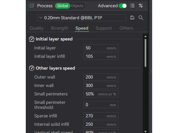 Print speed varies throughout a print. See Picture 1 for the print speeds for the 0.20mm Standard print profile on the P1P. These settings can be found under Global Print Settings / Speed.