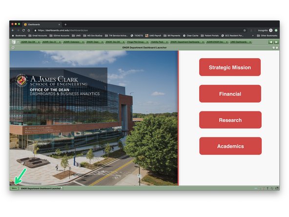 While on the dashboard you would like to set as your Startup Dashboard, mouse over to the lower left corner of the screen and click the Menu button.