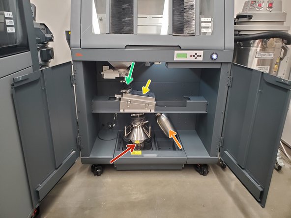 The powder station is primarily used to excavate parts and participate in the post-print process