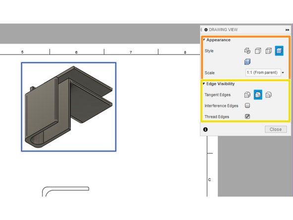 This opens up a Drawing View setting window. Use this window to edit the appearance and scale.
