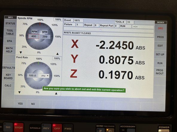When you are ready to end the program, press the Stop/Start button on the wand to halt the movement of the build plate and tool head. Now press the OFF button under the touchscreen to stop the tool head from spinning, and toggle off the accessory to stop the compressed air.