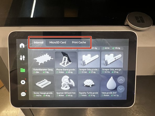 The Files tab allows the user to start prints from the machine.