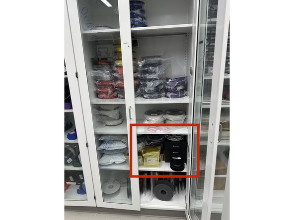 Filament can be found in Cabinet 3 on the lower shelves.