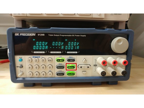 The power supply can be switched to display the actual current and voltage across each channel using the Meter button
