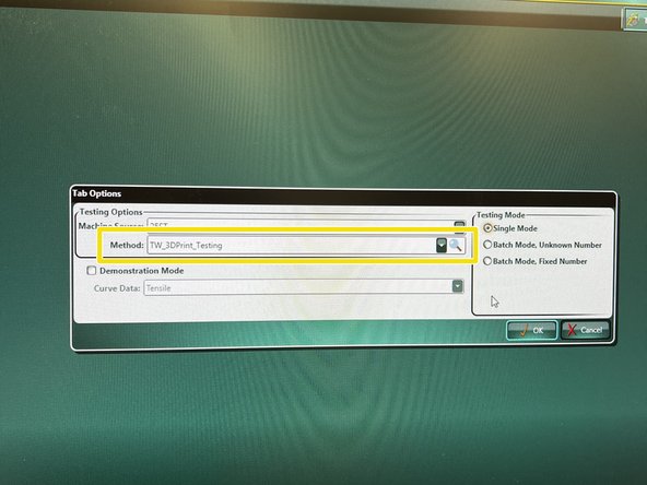 Change the method to “TW Material Testing” from the menu (it is at the bottom of the dropdown), then select “OK.”