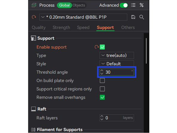 The Overhang threshold value represents the most horizontal slope (measured from the horizontal plane) that you can print without support material (90=vertical).