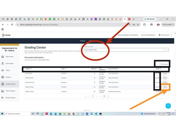 Sort columns and create filters with the Filter Table to declutter the display.  See the Guide for "Filtering Tables of Student Submissions in e4usa MyDesign®".