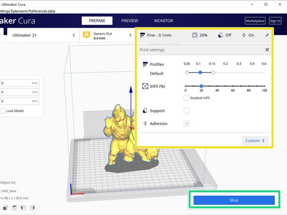 Select the material and nozzle size with which to print the part