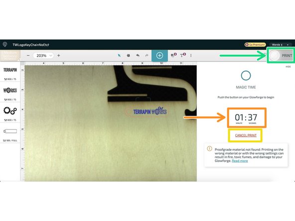 Once your settings are all selected, begin your cut by clicking the Print button in the upper right hand corner of the design area