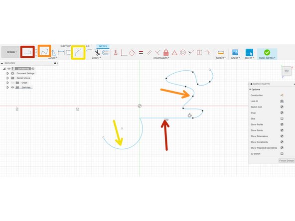 This figure shows a few of the most commonly used tools to create lines and curves in a sketch.