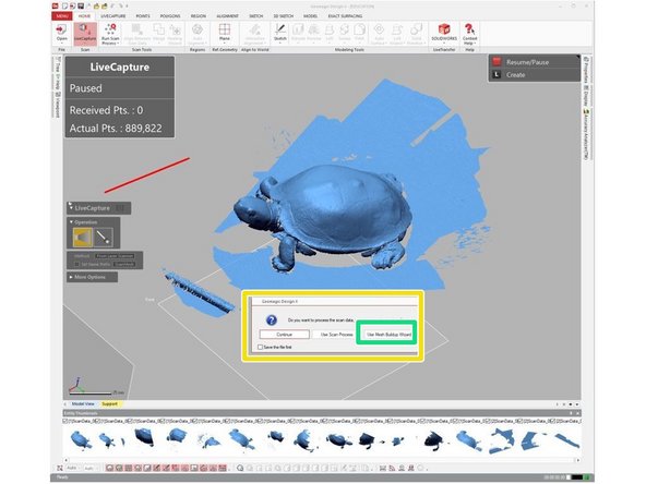 Repeat scanning passes until all visible surfaces of the target object are captured from the current object orientation