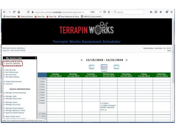 To view your current reservation select View My Calendar from the left window as shown in the first figure