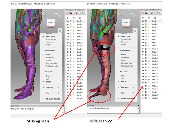 For example, in the case shown in the first figure, scan 22 is not well aligned in the ear section. However, you cannot remove the scan as this will cause a missing scan