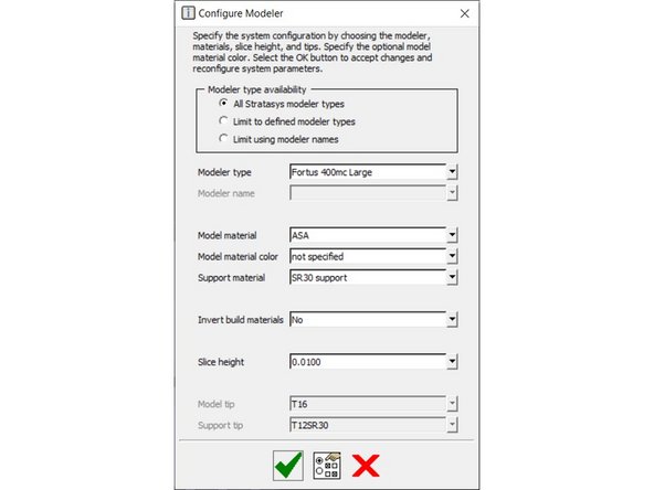 The machine should always be Fortus 400mc; select model and support materials as desired