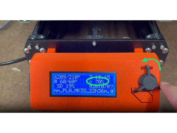 There are two ways to adjust the speed during a print on the Prusa MK3S. Both will apply a percentage change to all speeds.