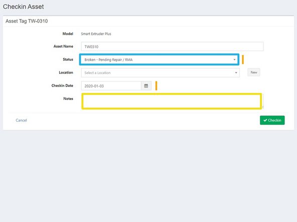 Checkin Asset, following &quot;Navigating Assets Step 7&quot;, with the following information