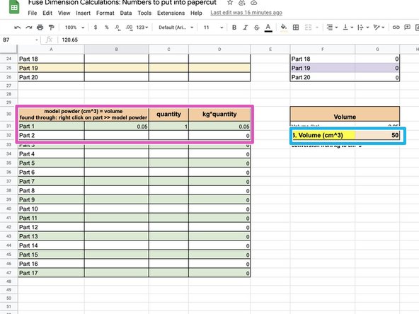 Input the Model Powder value into the Excel sheet for each part (have to follow above step for each part)