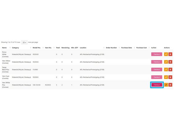 After opening a new container/package of  a consumable, scroll to the right and select the dark pink 'Checkout' button