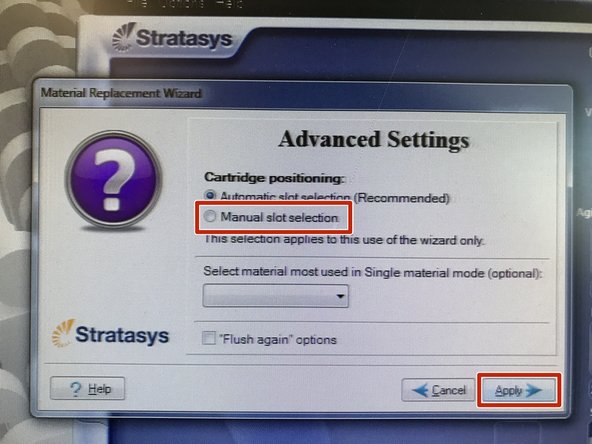 Select &quot;Manual slot selection&quot; under Cartridge Positioning and then &quot;Apply&quot;