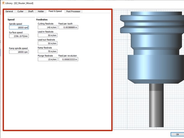 Insert all tool feed rate and spindle speed information.