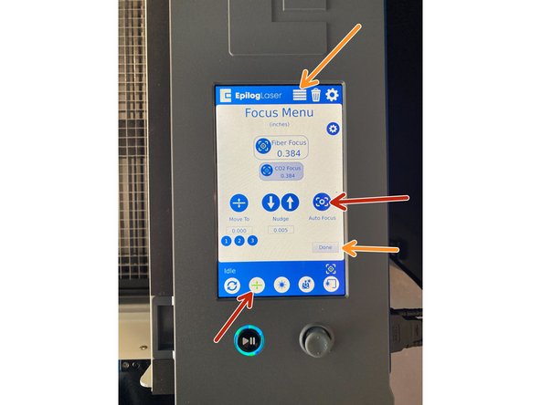 Hit the focus button and then the AutoFocus to focus your material properly as long as it is a flat object, for manual focusing, ask a staff member how or read about it in this guide.