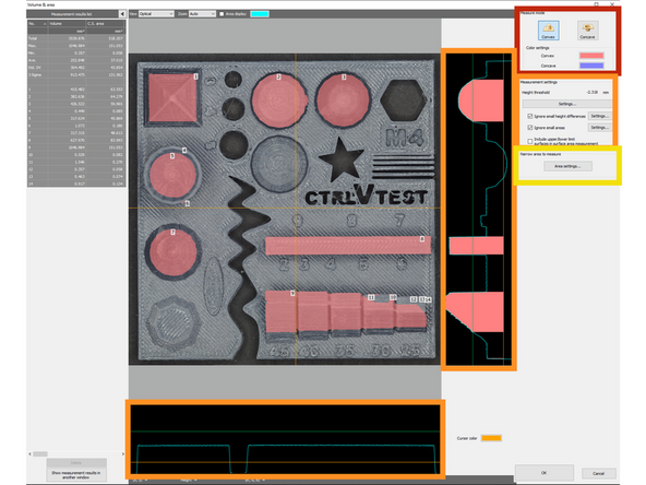 The volume and area measurement tool can be accessed on the top bar similar to the other tools, and can be used in interesting ways to measure volume and surface area of specific sections defined by the user.