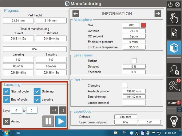 This menu shows the progress of the build and the atmospheric conditions
