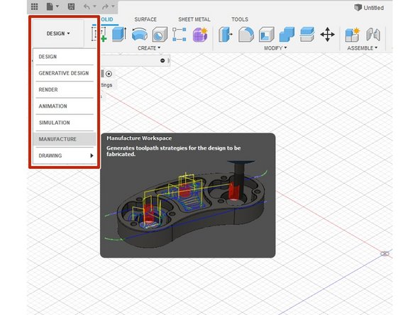 To access the CAM module, click on the drop-down in the design window, and select Manufacture.