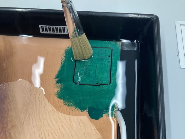 The water does not need to be this warm for the silkscreen so you can reuse the same developer solution for both processes.