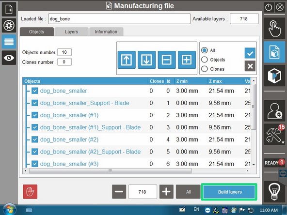 The settings tab allows you to view some basic settings for layering and sintering