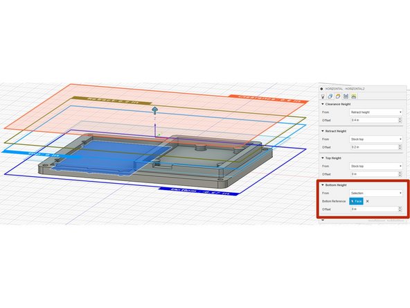 As we did for adaptive clearing, in the &quot;heights tab,&quot; in the &quot;bottom height&quot; row, drop down the menu and select &quot;Selection.&quot; Then click the lowest pocket (the breadboard pocket).