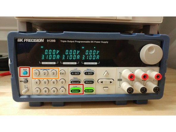 The power supply can be locked so that no input will alter the set quantities for each channel by pressing Shift and then pressing the Enter button