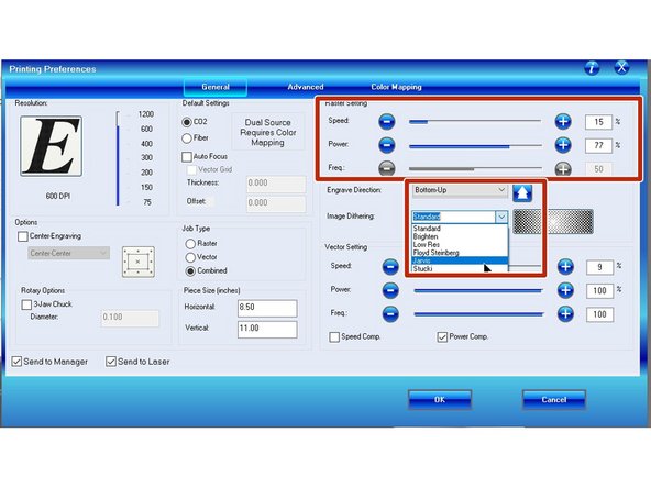 If you are rastering your job, you will need to adjust the speed and power setting according to the chart. You should also adjust the image dithering to Jarvis or Stucki for best results.