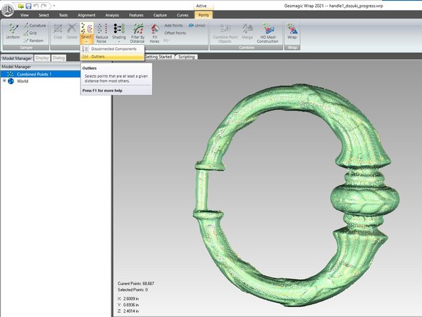 Select disconnected points by going to Points -&gt; Select -&gt; Disconnected Components. Generally the default settings are fine. Click Ok and delete the points which it has selected