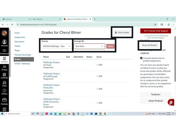 A table appears with historical grading data for the selected student and Course.  The table can be Arranged in different ways, Show All Details displays details for each grade and a Print option is offered.
