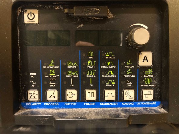 The polarity button toggles between AC and DC. Use DC for steel and AC for aluminum.