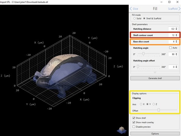 Shell contour count: the number of solid outer layers, replacing the contour count from solid fill. Shell thickness is equal to Hatching distance * Shell contour count.