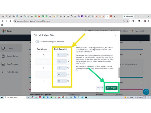 The teacher can modify a table of Scores vs Grades for the project.  Select Grade Definition.
